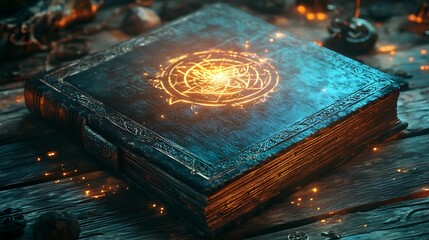 Mystery and magic concept : Old mystical book with glowing symbols on cover
