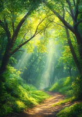 Fototapeta premium The park's trees are beautifully lit by bright sunrays, with a path leading up the hill towards the sun.