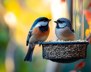 Obraz premium Two tit birds on a bird feeder, feeding young with seeds, softfocus nature backdrop, bright colorful feathers, tranquil wildlife moment, natural outdoor beauty