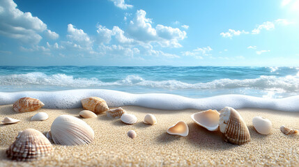 Tranquil beach scene with seashells and ocean waves.