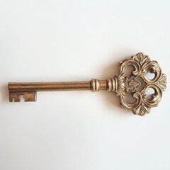 A vintage brass key with an ornate handle and intricate detailing on a white background