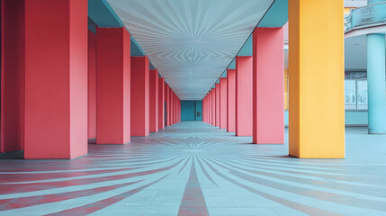 Colorful architectural corridor with patterned floor.