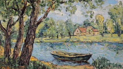 A vintage oil painting of an old rowboat on the river bank, surrounded by trees and grassy areas with some farm buildings in the background