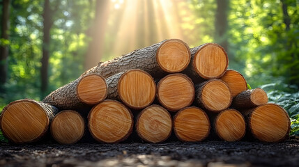 Stacked logs in a sunlit forest setting.