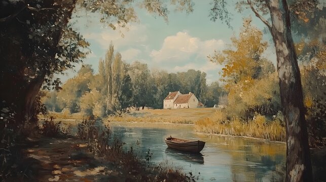 A vintage oil painting of an old rowboat on the river bank, surrounded by trees and grassy areas with some farm buildings in the background