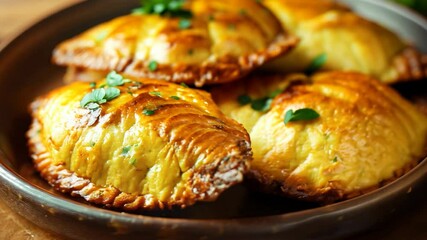 Plate of samosas, golden and crispy, filled with spiced potatoes and peas, served with mint chutney. Ramadan food