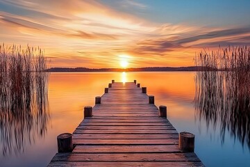 Obraz premium The sun rises above the lake in Poland's Wigry National Park.