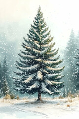 Fototapeta premium Snow-covered evergreen tree in a winter landscape.