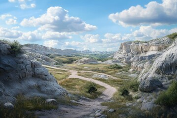 Fototapeta premium Scenic landscape featuring rocky terrain and a winding path under a blue sky