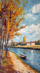 A vintage oil painting of an old rowboat on the river bank, surrounded by trees and grassy areas with some farm buildings in the background