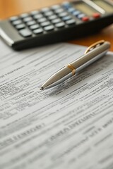 Closeup of life insurance document with a calculator and pen 