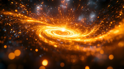 A swirling galaxy with vibrant orange and yellow hues.