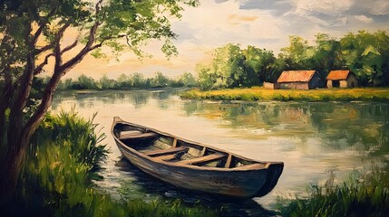 Fototapeta premium A vintage oil painting of an old rowboat on the river bank, surrounded by trees and grassy areas with some farm buildings in the background