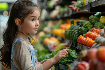 A girl buys vegetables at a local food market,.     