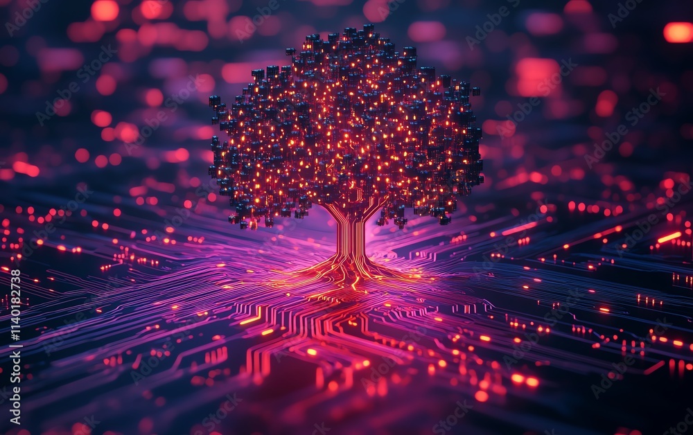 Poster a cyber tree glowing with neon lights, integrated into a digital circuit board, futuristic technolog