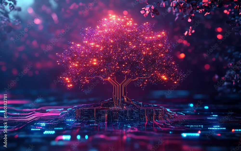 Poster a cyber tree glowing with neon lights, integrated into a digital circuit board, futuristic technolog