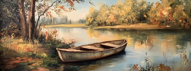 A vintage oil painting of an old rowboat on the river bank, surrounded by trees and grassy areas with some farm buildings in the background