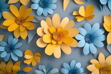 Fototapeta premium Vibrant Paper Flowers in Blue and Yellow on a Gray Background