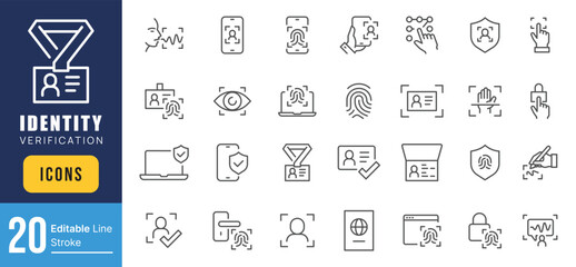 Set of Identity Verification Related Vector Line Icons. Contains such Icons as Security, Authentication, Scanner, Finger, Biometric, Identity, Password, Key, Print and more. Editable Stroke