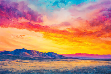 Obraz premium A Vibrant Sunset Over a Vast Desert Landscape with Rich Orange and Red Hues.