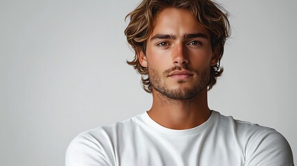 Obraz premium Isolated white background, blank white t-shirt, front view, fashion model, minimal design 