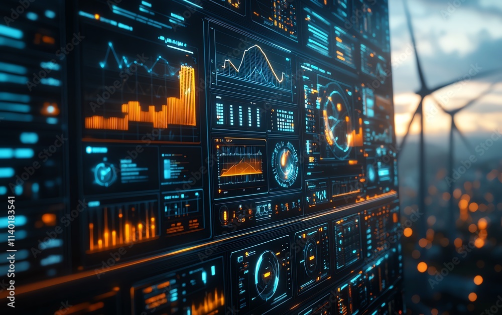 Poster A dynamic digital dashboard displaying wind energy performance metrics, colorful data visualizations, futuristic style, sharp details, ultra HD rendering