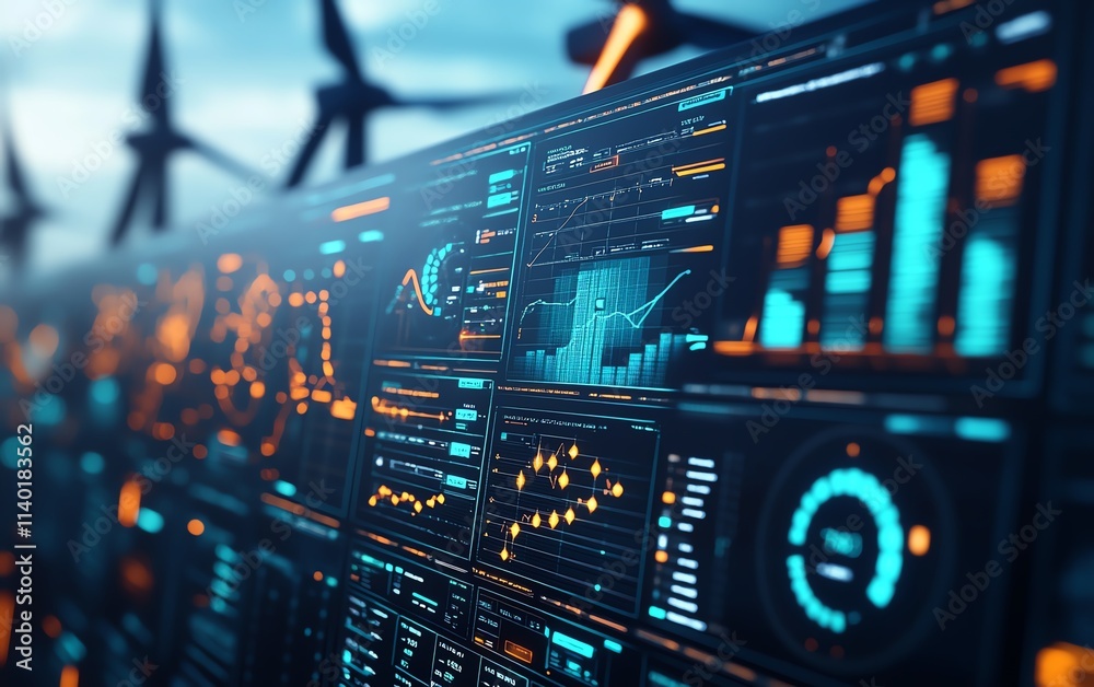 Poster A dynamic digital dashboard displaying wind energy performance metrics, colorful data visualizations, futuristic style, sharp details, ultra HD rendering