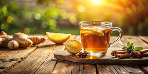 Warm, Refreshing Herbal Tea with Citrus and Spices on Rustic Wooden Table