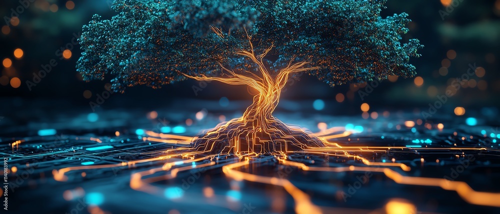 Poster a futuristic digital tree with glowing neon branches, rooted on a detailed circuit board, symbolizin
