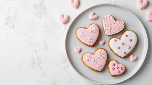 Decorative heart-shaped cookies in pink icing on a gray plate.