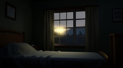A  bedroom with a bed,  a nightstand, and a window with a view of a forest and a sunrise.