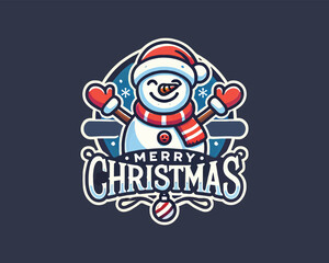 A cheerful snowman icon with the phrase Merry Christmas. Vector Logo