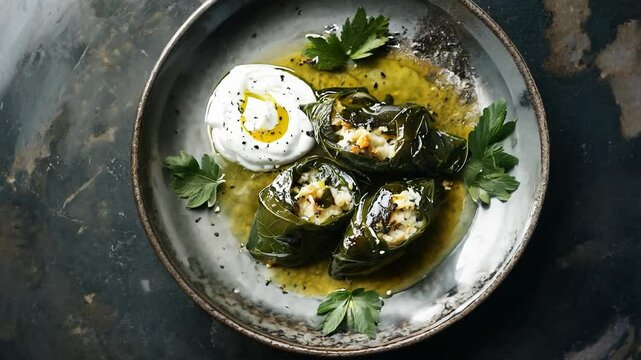 A plate of stuffed grape leaves, drizzled with olive oil and served with a side of yogurt. Ramadan food