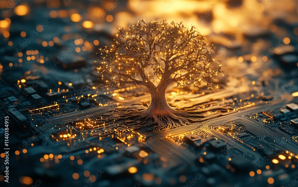 Aufkleber a glowing tree of technology with intricate branches, embedded on a metallic circuit board, highligh