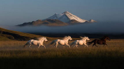 Icelandic horses running in the wild, with mountains in the background, in the style of Unsplash photography.