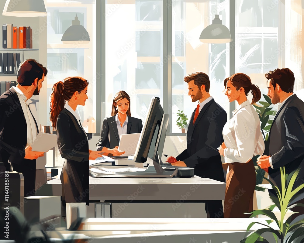 Aufkleber a group of professionals in an office environment working together on a project, teamwork and synerg