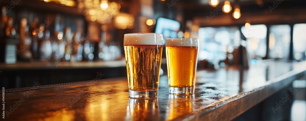 Poster two glasses of beer resting on wooden bar counter in blurred warm pub background