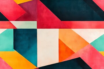 A vibrant abstract painting featuring geometric shapes and bold color contrasts, blending teal, pink, orange, and white in an artistic composition.