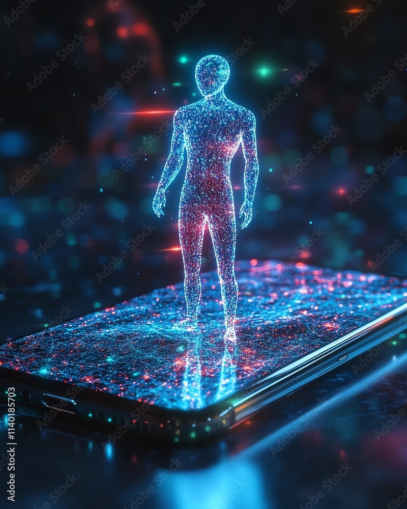 Aufkleber A medium shot of a smartphone with a holographic AI assistant projected above it, blending artificial intelligence with sleek minimalist aesthetics, vibrant and detailed, 8K