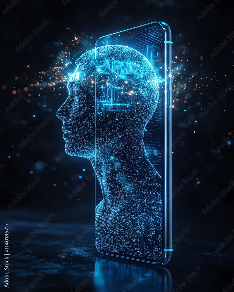 Aufkleber a medium shot of a smartphone with a holographic ai assistant projected above it, blending artificia