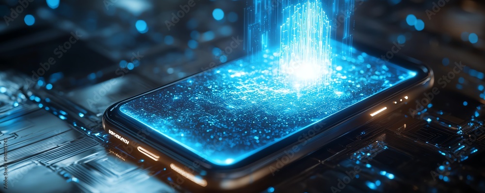 Aufkleber a medium shot of a smartphone projecting a glowing holographic ai assistant, blending minimalist sty
