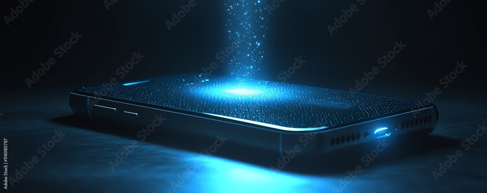 Poster a medium shot of a smartphone projecting a glowing holographic ai assistant, blending minimalist sty