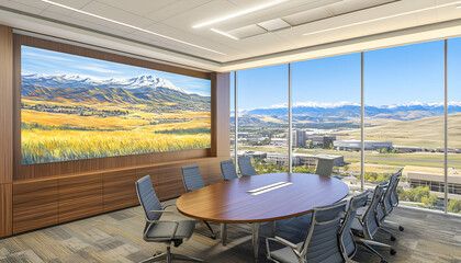 Fototapeta premium Modern conference room with stunning mountain view artwork and large windows showcasing a panoramic landscape. Ideal for business, corporate, and real estate marketing.