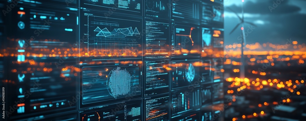 Poster A modern dashboard interface with wind energy analytics, glowing charts, interactive data visualizations, futuristic aesthetic, sharp details, 8K rendering