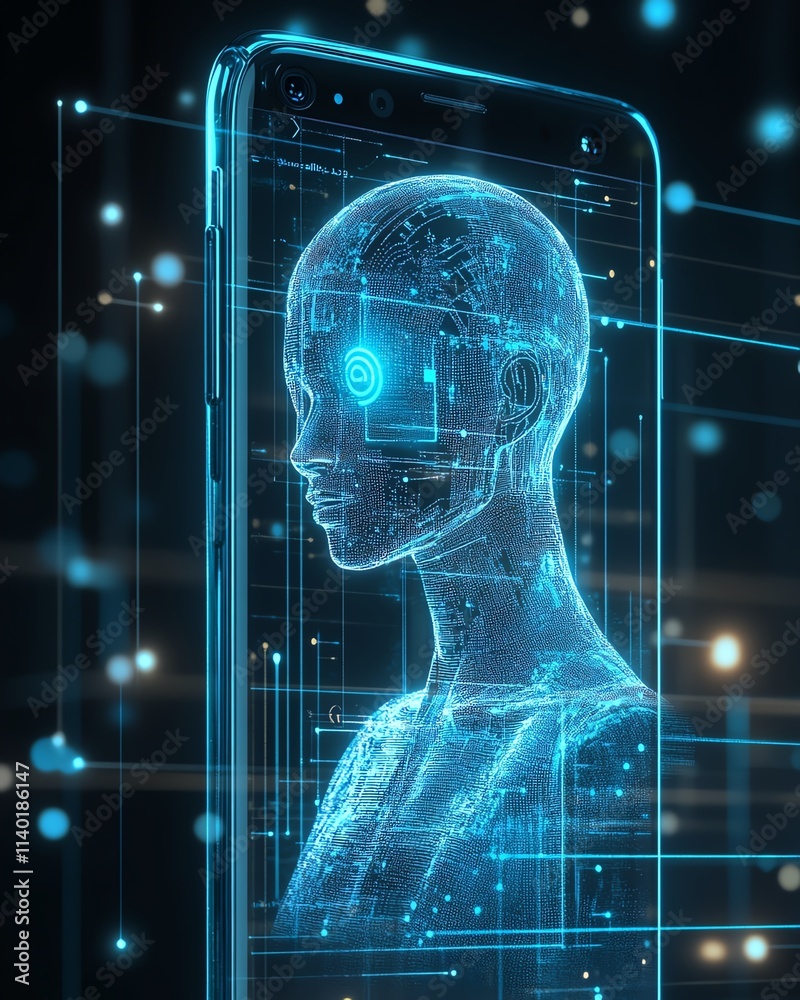 Poster a phone displaying a holographic ai assistant, personalized and sleek, blending artificial intellige