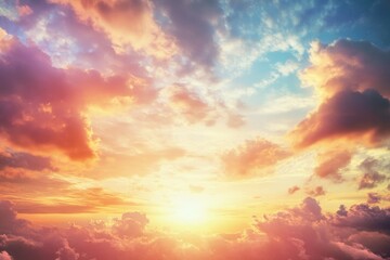 Fototapeta premium Colorful sunset sky filled with clouds over a serene landscape at dusk