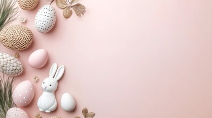 Obraz premium Minimalist Easter Day background . The scene features a soft pastel-colored with various Easter-related items such as decorated eggs, a small bunny figurine, and a few spring flowers