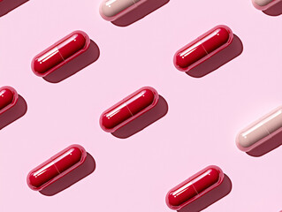 Seamless pattern of pink and red capsules scattered diagonally on a pastel pink background
