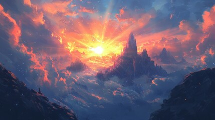 Fototapeta premium The clouds are illuminated by beams of light.