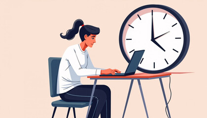 Professional Woman Working on Laptop with Large Clock in Contemporary Setting